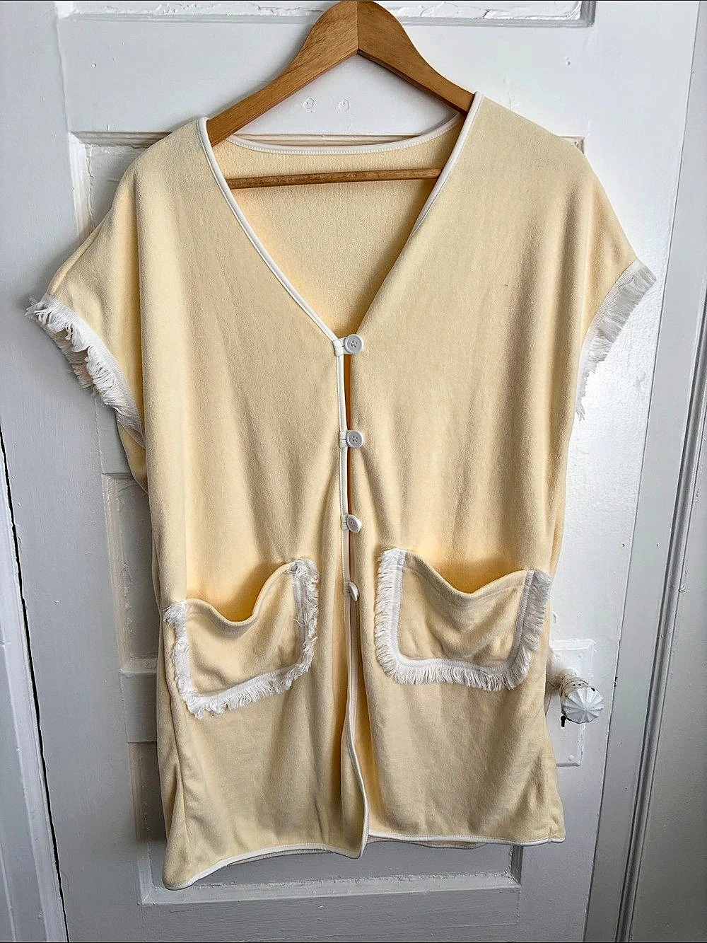 Designer Fringe Trim Button Front Top in Yellow Like New